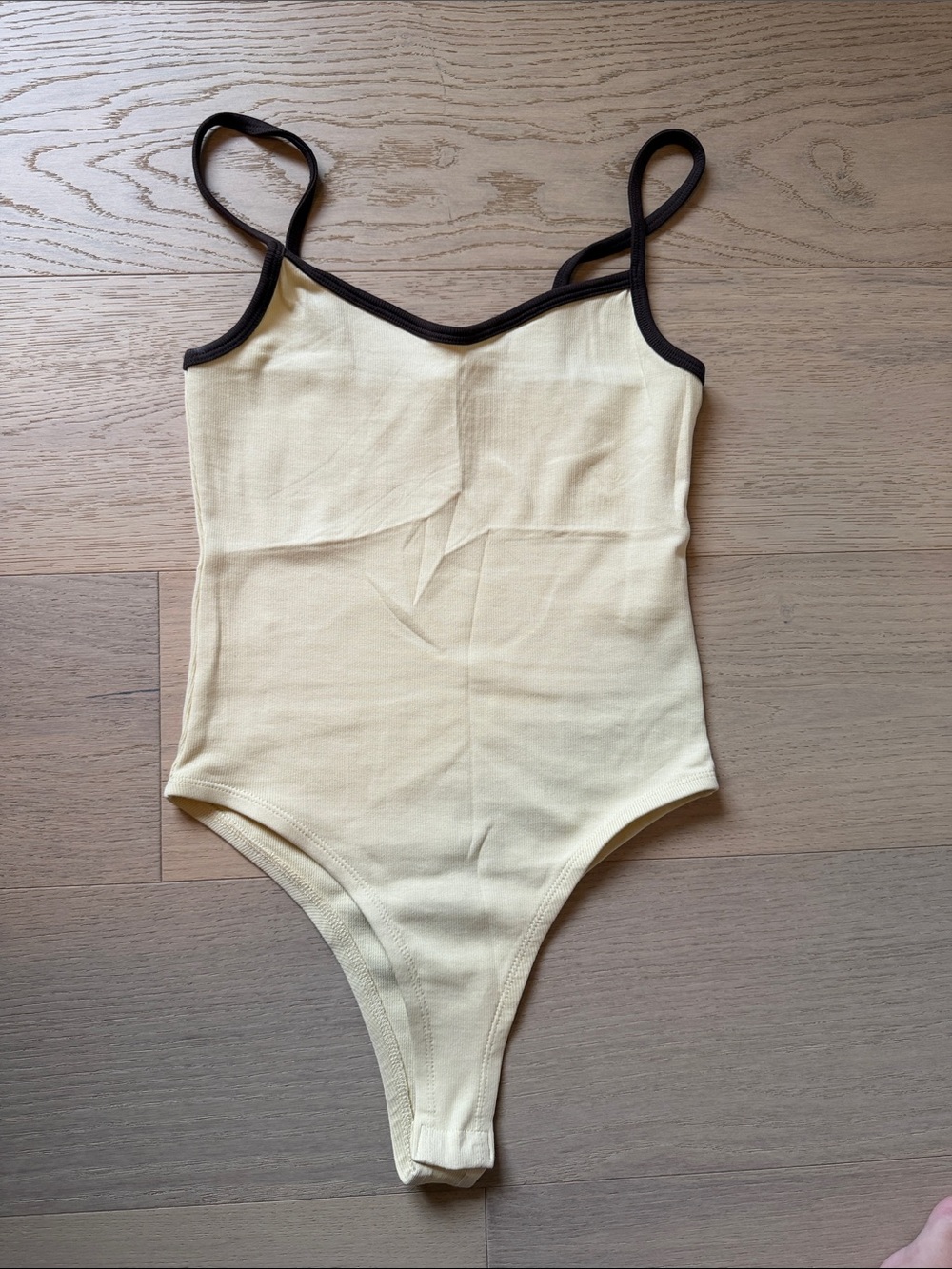 Zara Women’s Yellow Ribbed Bodysuit Brown Trim - Classic Camisole Style